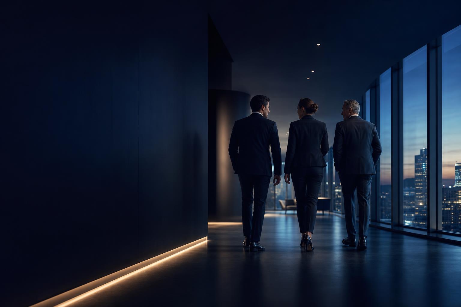 Professionals lopen samen een modern kantoor binnen